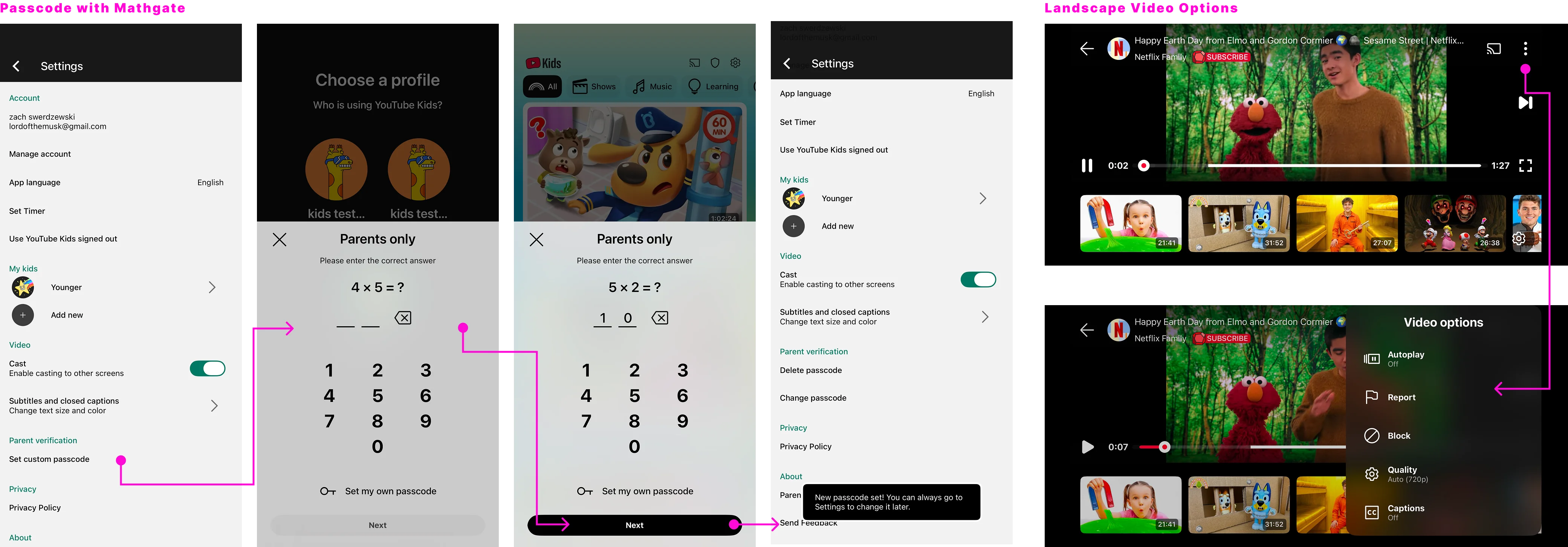 YouTube Kids product flows across channels, side sheets, and watch experiences